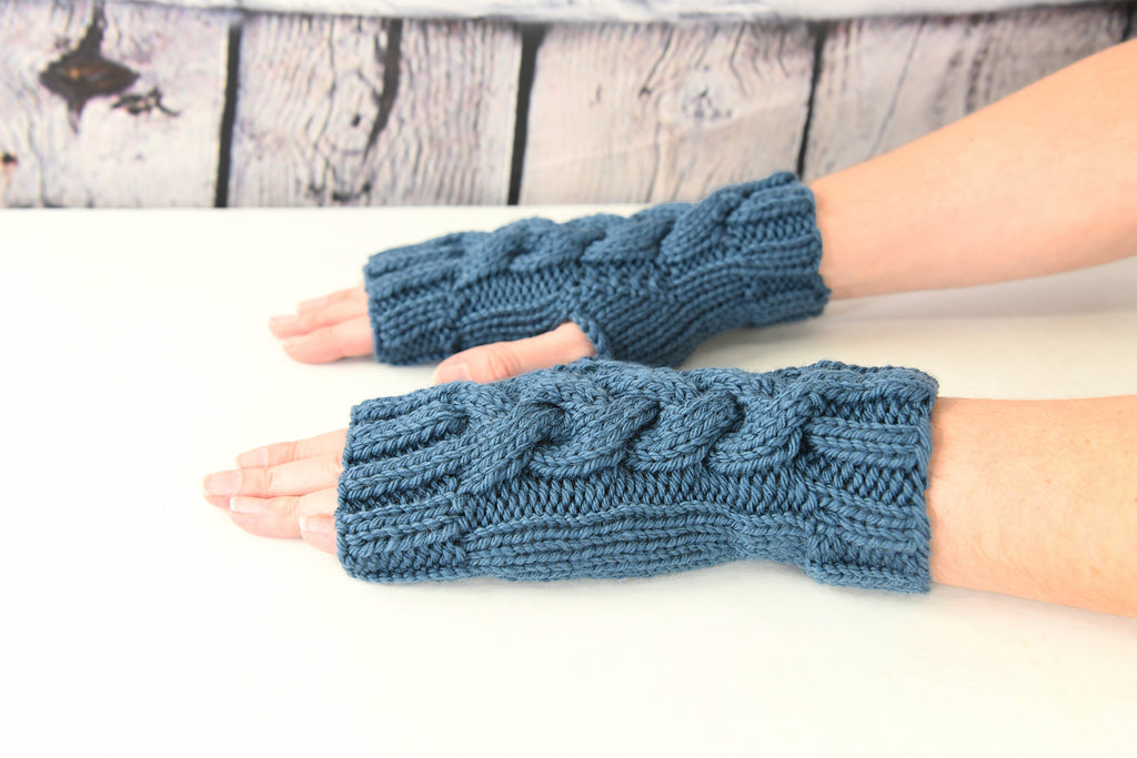 Cabled Blues Mitts by Shannon Dunbabin