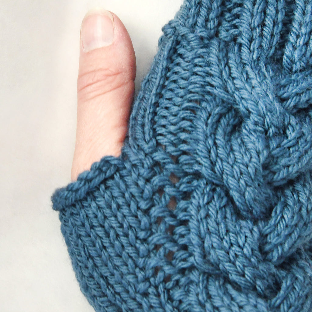 Cabled Blues Mitts by Shannon Dunbabin