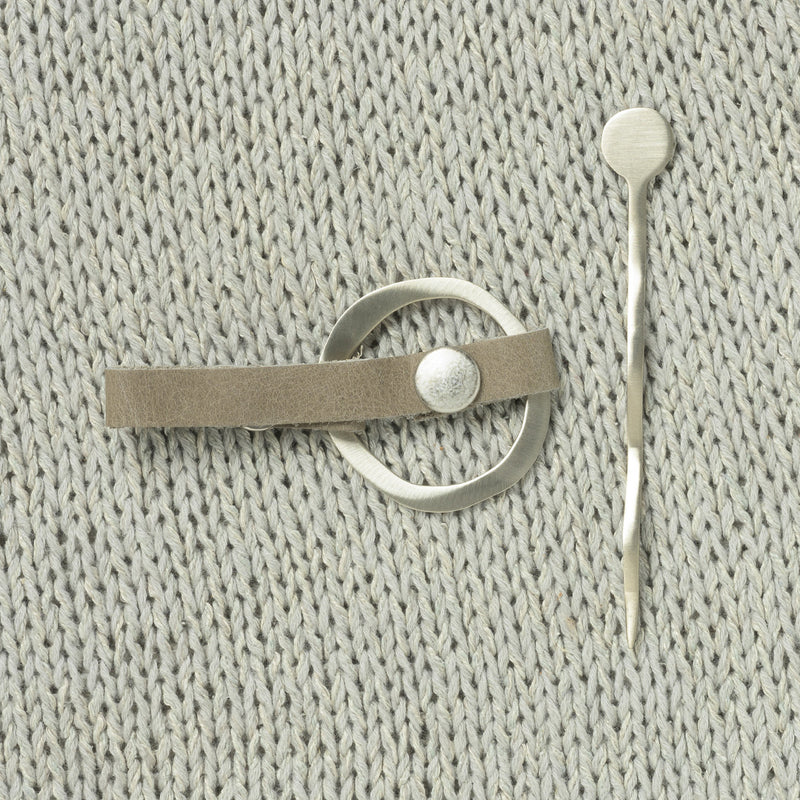 JUL Designs Midcentury Modern Circle Shawl Cuff & Pin, Pewter w/ White Brass Hardware
