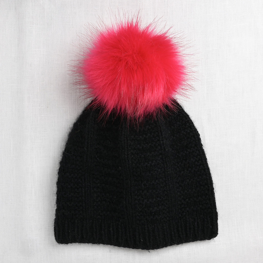 Knit Beanie Hat with Faux Fur Pom-Poms