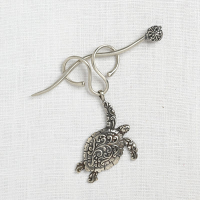 JUL Designs Sea Turtle Charm Lock Shawl Pin, White Brass