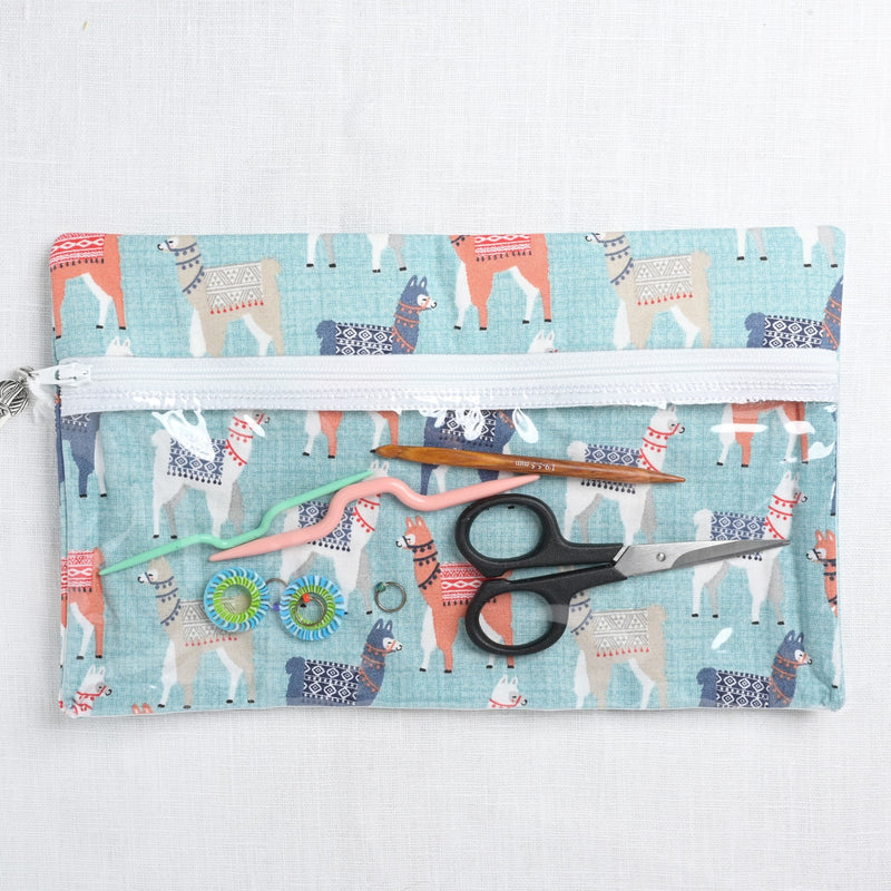 Knitty Ditty Bags, Large Clear Ditty Notion Bag, Blue Alpaca Print